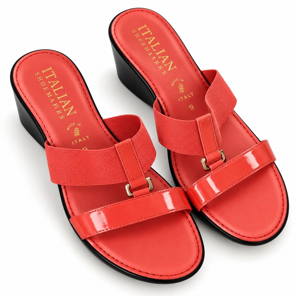 Italian Shoemakers Wedge Sandals Women 9 Coral Red Patent Elastic Slides Italy